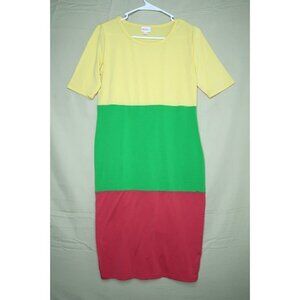 LuLaRoe Julia T Shirt Dress Color Block Yellow Green Red Short Sleeve Size Small